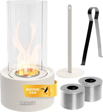 Saroda Tafelhaard - Tornadovlam - Wit met Accessoires - Sfeerhaard - Binnen & Buiten - Bio-Ethanol - Bijverwarming