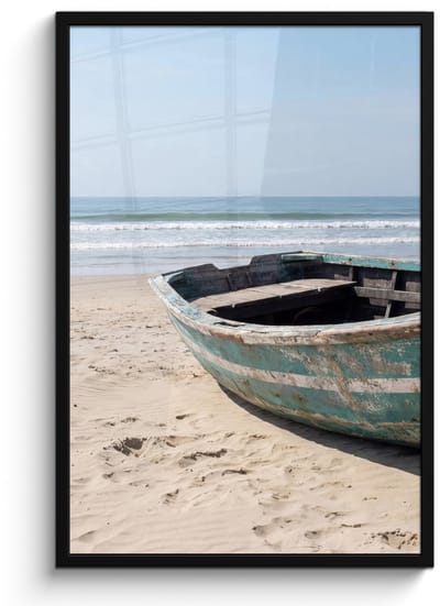 Poster in lijst - Fotolijst 60x90 cm - Posters - Boot - Zandstrand - Zee - Posterlijst zwart - Decoratie - Wanddecoratie woonkamer - Muurdecoratie slaapkamer
