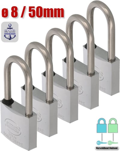 AMIG Hangslot RVS 316 Ø8/50mm Hoge Beugel Met Sleutel Buiten - Marine - 5 Stuks