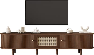 Wishdor - Tv-Meubel - Ovale Vorm En Schuifdeuren - Retro - Woonkamer - MDF - Donker Walnoot - 180 X 40 X 40 Cm