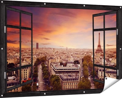 Gards Tuinposter Doorkijk Skyline Parijs met Eiffeltoren - 150x100 cm - Tuindoek - Tuindecoratie - Wanddecoratie buiten - Tuinschilderij