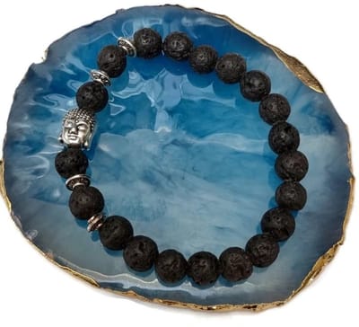 Aramat Jewels | Armbanden | Zwarte Lavasteen Armband met Boeddha Kraal | | | |8mm | Metaal | Volwassenen | Verkleurd niet