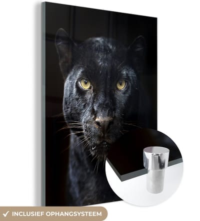MuchoWow® Glasschilderij 30x40 cm - Schilderij acrylglas - Panter - Zwart - Geel - Foto op glas - Schilderijen