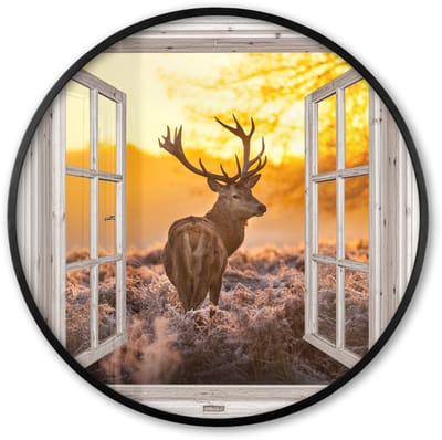 Poster in lijst Rond - Fotolijst 60x60 cm - Posters - Hert - Herfst - Dieren - Natuur - Bos - Doorkijk - Ronde posterlijst zwart - Decoratie - Wanddecoratie woonkamer - Muurdecoratie slaapkamer