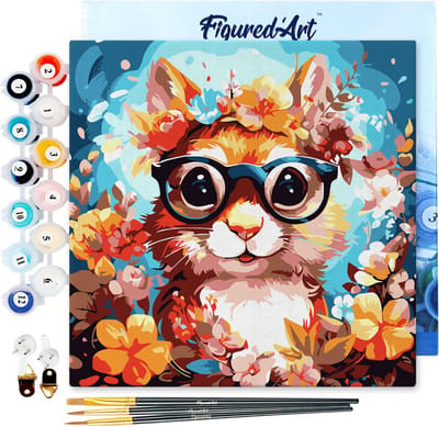 Figured'Art Mini Schilderen op Nummer Volwassenen 20x20cm met lijst Fantasie eekhoorn en bloemen - Klein Formaat Creatieve Hobby Kit DIY Art Nummer Compleet