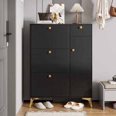 MODFU Schoenenkast - 3 Kleppen En 1 Lade - Met Deur - Golffront - Modern - Hal - Hout En Metaal - Zwart - 90 x 25 x 121 cm