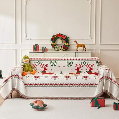 Père Noël Mignon Serviette de Canapé Chenille Quatre Saisons Universel Housse Antidérapante Style Ins Housse de Canapé Anti-Griffes de Chat 180X130CM white