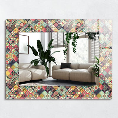 Wallfluent Spiegel - Kleurrijke Patchworkpatronen Spiegel op gehard Glas - 80x60 cm - Kleurrijk Vierkante Spiegel - Spiegel met decoratief motief - Badkamerspiegel - Gangspiegel - Eetkamer - Make-up Spiegel - Woonaccessoires