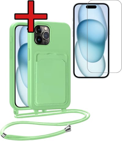 Hoesje Geschikt voor iPhone 14 Pro Hoesje Met Telefoonkoord en Pasjeshouder Met Screenprotector Siliconen - Hoes Geschikt voor iPhone 14 Pro Hoesje Met Kaarthouder Case - Groen