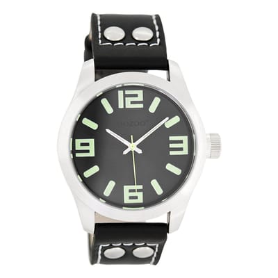 OOZOO Timepieces - Zilverkleurige horloge met zwarte leren band - JR269