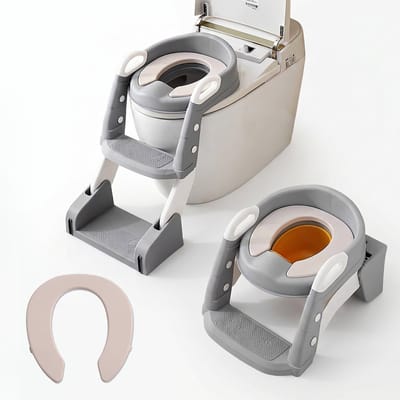 3-in-1 Toilet Trainer met Trapje - WC Bril Baby & Kind - Meegroeiend Potje met Zacht PU Kussen - Opvouwbaar & Antislip - Zindelijkheidstraining - Grijs