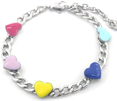 Armband Dames - Gekleurde Hartjes - RVS - Lengte 17-21 cm - Zilverkleurig – valentijn – cadeau