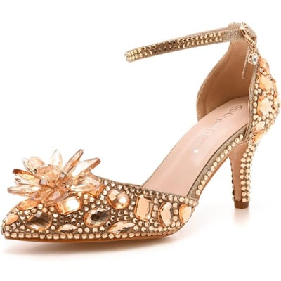 7cm Grote Maat Sandalen Dunne Hak Puntige Neus Kristalglas Bloem Hoge Hak Sandalen Champagne Goud Banket Diner Damesschoenen 38 beige