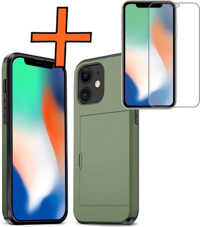 Hoesje Geschikt voor iPhone 11 Hoesje Pasjeshouder Shockproof Hard Case Met Screenprotector - Hoesje Geschikt voor iPhone 11 Hoes Met Kaarthouder - Donkergroen