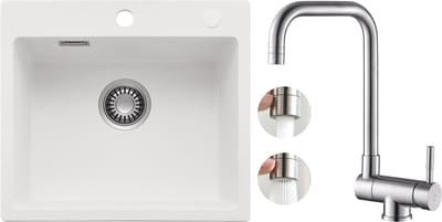 CECIPA max Spoelbak voor keuken 40x45CM - Graniet Spoelbakken Met Opvouwbaar Keukenkraan - Enkele spoelbak Wit - Met waterafvoersysteem - Voor 40 cm kast
