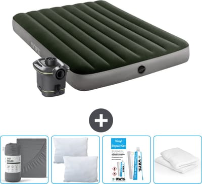 Intex Luchtbed - Twijfelaar - 137 x 191 x 25 cm - Groen - Inclusief pomp - Hoeslaken - Kussen - Kussenbeschermer en Reparatieset