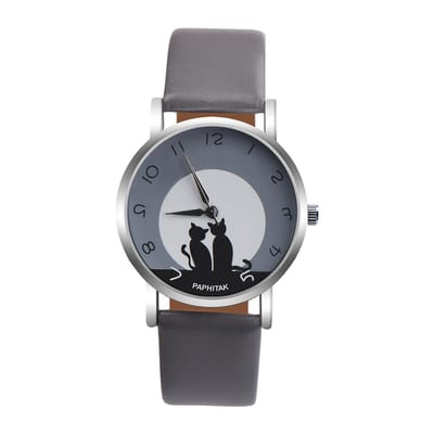 Hidzo Horloge Paphitak Katten - Ø 37 mm - Grijs - Kunstleer - Inclusief Horloge doosje
