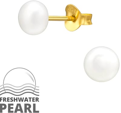 Joy|S - Zilveren parel oorbellen - 5 mm - fresh water pearl - gold plated