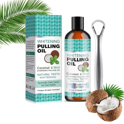 Oil Pulling Mondspoeling - Whitening Mondwater – Oil pulling - Kokos en Munt – Met Tongschraper – Natuurlijke Mondverzorging met Aloe Vera – Voor Witte Tanden en Frisse Adem – Hypoallergeen – Reisset voor Thuis en Reizen
