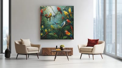 Vierkant Canvas Schilderij - Papegaaienkoor - Tropische vogels - 40x40x2 cm