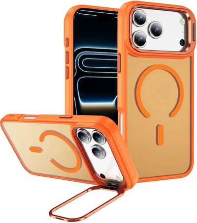Hoesje Geschikt voor Apple iPhone 17 Pro - Compatibel met MagSafe & Qi2 - Back Cover met Standaard - Camera Kickstand - Oranje