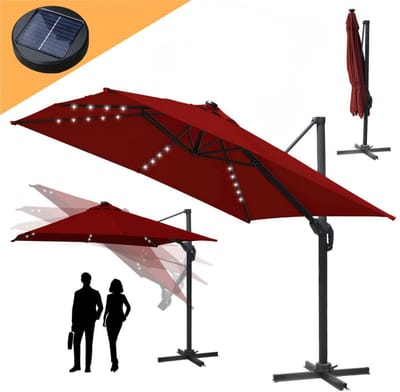 Vrijdragende parasol voor tuinterras, hangende banaanparasol, zonnescherm met UV 50+ bescherming, 360° rotatie, verstelbare kanteling, zwengel voor openen en sluiten, met LED,Rood