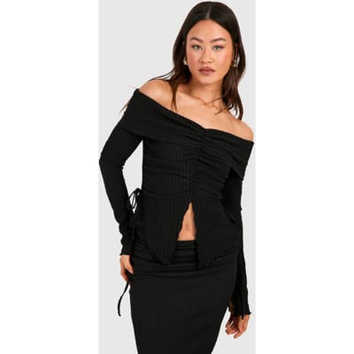 boohoo Dames Lange kreukelige Bardot-top met geraffeld detail | Zwart | Maat: 36
