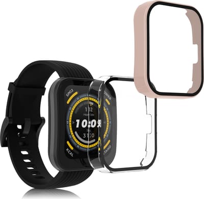 kwmobile 2x cover geschikt voor Huami Amazfit Bip 5 - Fitnesstracker cover van gehard glas en kunststof frame set transparant / oudroze