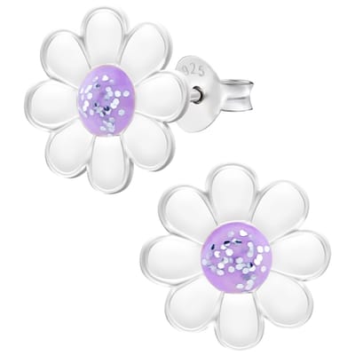 WeLoveSilver - zilveren oorstekers - madeliefje - paars hart - kind