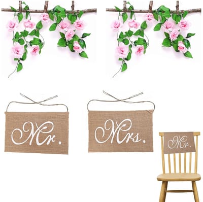 Dailygoods- Stoelbanner Set - Bruiloft Decoratie - Kunstmatige Rotan - Mr & Mrs Vlaggen - Tuin Versiering - Romantische Sfeer - Bruiloftdecoratie