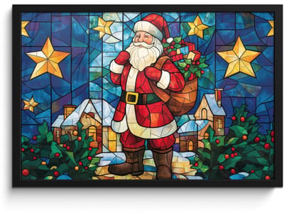 Poster in lijst - Fotolijst 60x40 cm - Posters - Kerstman - Glas - Kleurrijk - Posterlijst zwart - Decoratie - Wanddecoratie woonkamer - Muurdecoratie slaapkamer - Kerstversiering - Kerstdecoratie voor binnen - Kerstmis