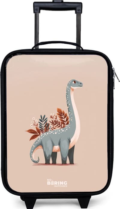 NoBoringSuitcases.com® - Kinderkoffer jongen - Kindertrolley meisje - Blauwe dinosaurus op een beige achtergrond - Koffer kind lichtgewicht - Reiskoffer trolley voor kinderen - Koffertje met lichtgevende wieltjes - Rolkoffer zwart