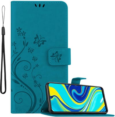 Cadorabo Hoesje geschikt voor Xiaomi RedMi NOTE 9 PRO / NOTE 9S in BLOEMEN BLAUW - Beschermhoes in bloemmotief met magnetische sluiting, standfunctie en kaartsleuven Book Case Cover Etui