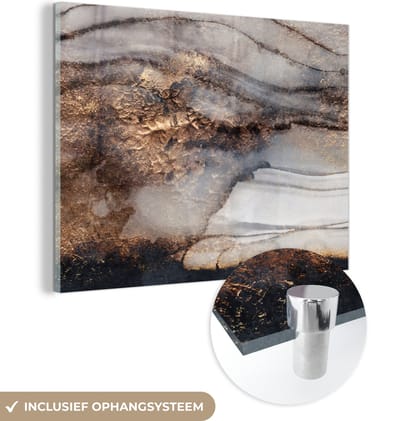 MuchoWow® Glasschilderij 120x90 cm - Schilderij acrylglas - Storm - Goud - Abstract - Foto op glas - Schilderijen