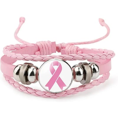 Bracelet Breloque Ruban Rose Pour Femmes Bracelet en Corde de Cuir Tressé Filles Sensibilisation au Cancer du Sein Espoir Bijoux Accessoires white
