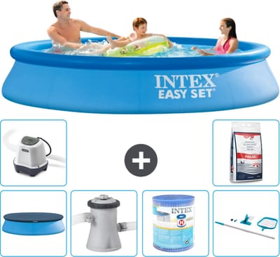 Intex Rond Opblaasbaar Easy Set Zwembad - 305 x 61 cm - Blauw - Inclusief Afdekzeil - Zwembadfilterpomp - Filter - Schoonmaakset - Zoutwatersysteem - Zwembadzout - 7-delig