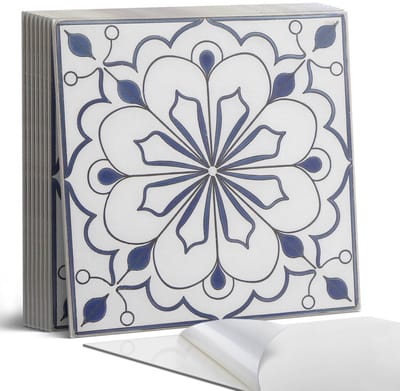 Coloray Plaktegels - Bloemenkeramiek patroon Portugese Tegels - 30 cm x 30 cm - Blauw Plaktegels - 9 stuks - Vierkant PVC Tegels - Plaktegels Keuken - Zelfklevende Vloertegels - Vinyl Tegels - Zelfklevende Tegels