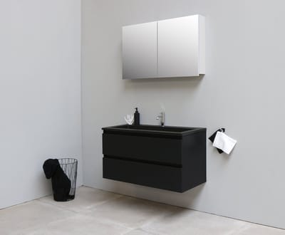 Basic Bella Badkamermeubelset - 100x55x46cm - 1 wasbak - Acryl - Zwart - 1 kraangat - Spiegelkast zonder verlichting - Melamine Zwart mat