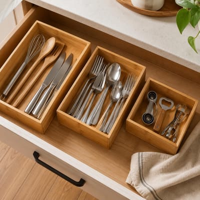 Kinvara Bestekbak/keuken organizer - 2x - 1-vaks - Tidy Smart - bamboe hout - 38 x 15 x 7 cm