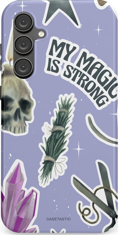 Casetastic hoesje geschikt voor Samsung Galaxy S23 FE - Dubbellaagse bescherming - Lila Paarse Hekserij Strong Magic Sterren Collage - Fashion Case - Lila Lichtgrijs Wit