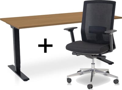 Zit-sta bureau elektrisch verstelbaar +  ERGO Bureaustoel | ARBO COMFORT NEN-EN 527 Thuiswerkset | frame bureau zwart - bureaublad havanna | 160x80 cm