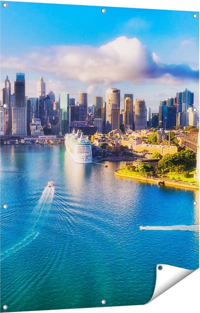 Gards Tuinposter Sydney Stad bij de Haven - 90x120 cm - Tuindoek - Tuindecoratie - Wanddecoratie buiten - Tuinschilderij