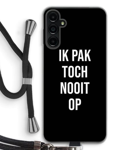 Case Company® - Hoesje met koord geschikt voor Samsung Galaxy A14 hoesje met Koord - Ik pak nooit op - Zwart - Telefoonhoesje met Zwart Koord - Bescherming aan alle Kanten en Over de Schermrand