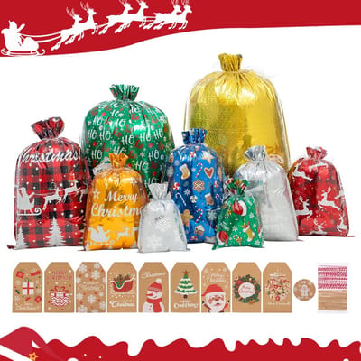 52x Herbruikbare Kerstcadeauzakken met Trekkoord en Cadeaulabels - Diverse Groottes