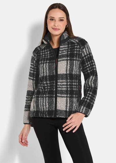 Fleecejack met opstaande kraag - zwart / grijs / geruit - Gr. 38 van Goldner Fashion