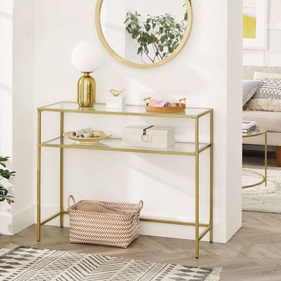 Nancy's Goldfield Console Tafel - Bijzettafel - 2 Niveaus - Gehard Glas - Metalen Frame - Verstelbare Poten - Goud - 100 x 35 x 80 cm