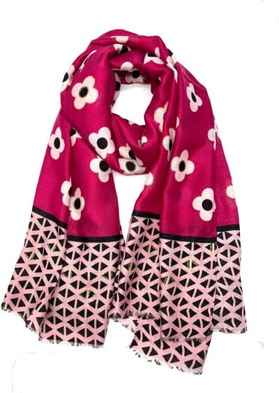 Lange dames sjaal Gerrie gebloemd motief fantasiemotief oud roze zwart goud wit fuchsia