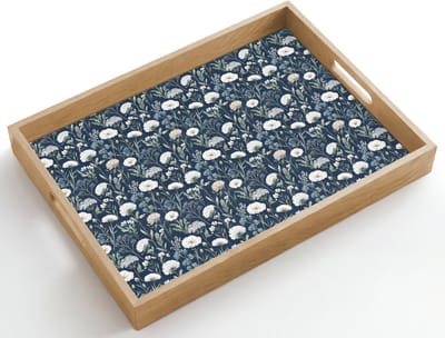 Dienblad hout 50x35 cm - Schootdienblad - Patroon - Bloemen - Wit - Blauw - Borrelplank rechthoek - Plateau dienbladen