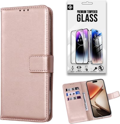Casemania Hoesje + Glas Geschikt voor Oppo A6 Pro 5G - Rosegoud - Portemonnee Book Case met Pasjeshouder - Wallet Telefoonhoesje en Glazen Tempered Screenprotector