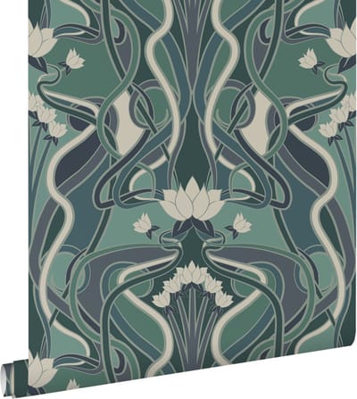 ESTAhome behang vintage bloemen in art nouveau stijl vergrijsd groen en blauw - 50 x 900 cm - 139894